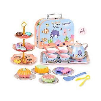 Kids Tea Set Toys Tin Tea Set with Carrying Case Pretend Toy for Little Girls and Boys-oceans