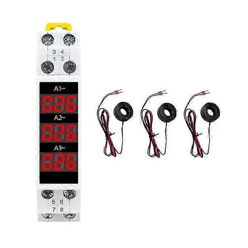 Mini Modular 3 Phase Ampere Meter with LED Digital Display for Din Rail Mount - Current Meter Gauge Indicator and Detector Ammeter