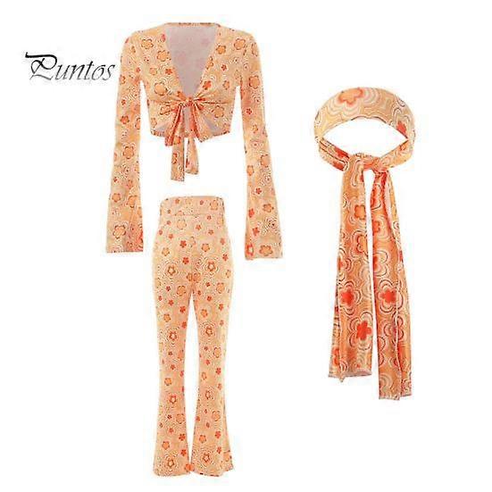 3 Pcs/Set Women Stage Performance Suit V Neck Lace-up Long Sleeves Cropped Top High Waist Flared Hem Trousers Printed Headband Retro Disco Party