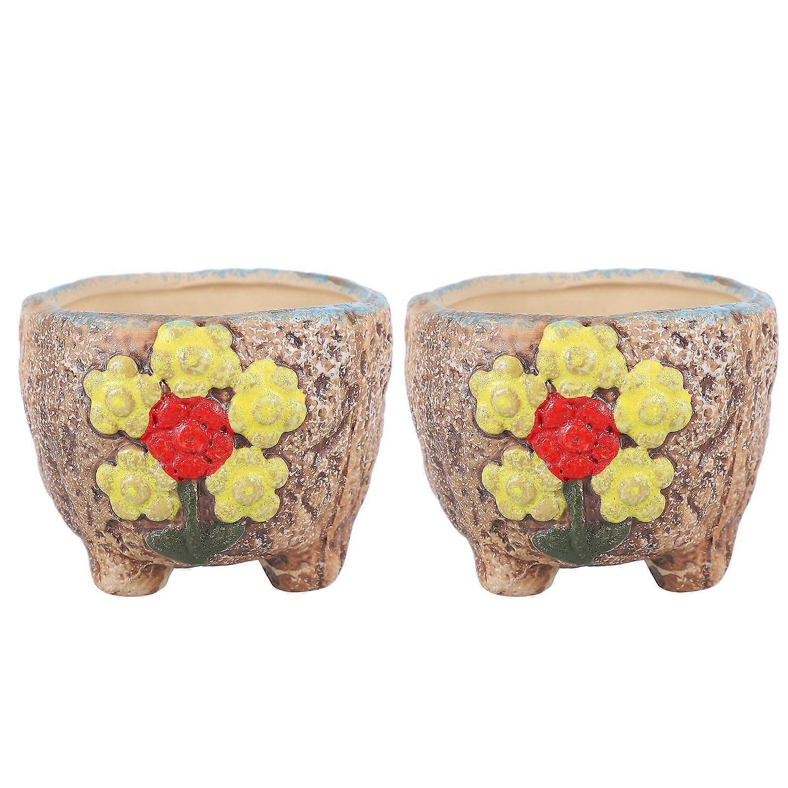 Succulent Planters For Indoor Plants Hand Painted Cactus Bonsai Pot Light Brown 8.3X8.3CM Delicate Shape 2Pcs