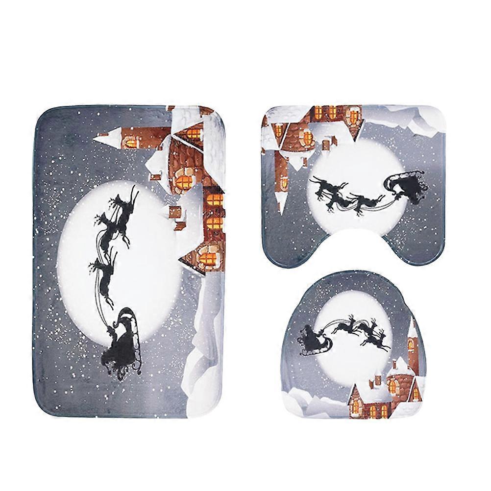 Washable Bathroom Mat Set Grey Christmas House Pattern Antiskid Water Absorption