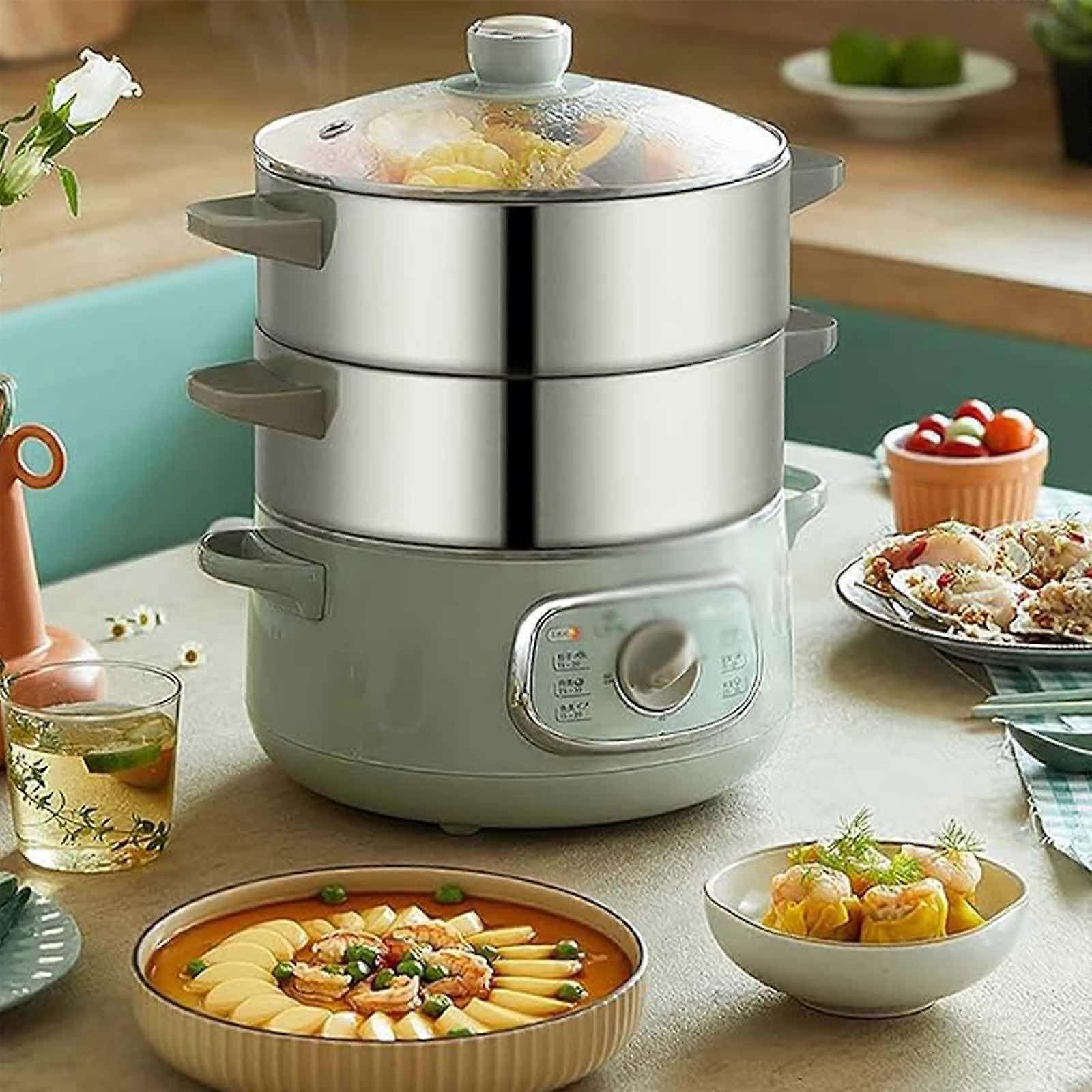 不锈钢蒸锅 10L 双层烹饪 60 分钟定时器 3 层干烧保护防烫手柄