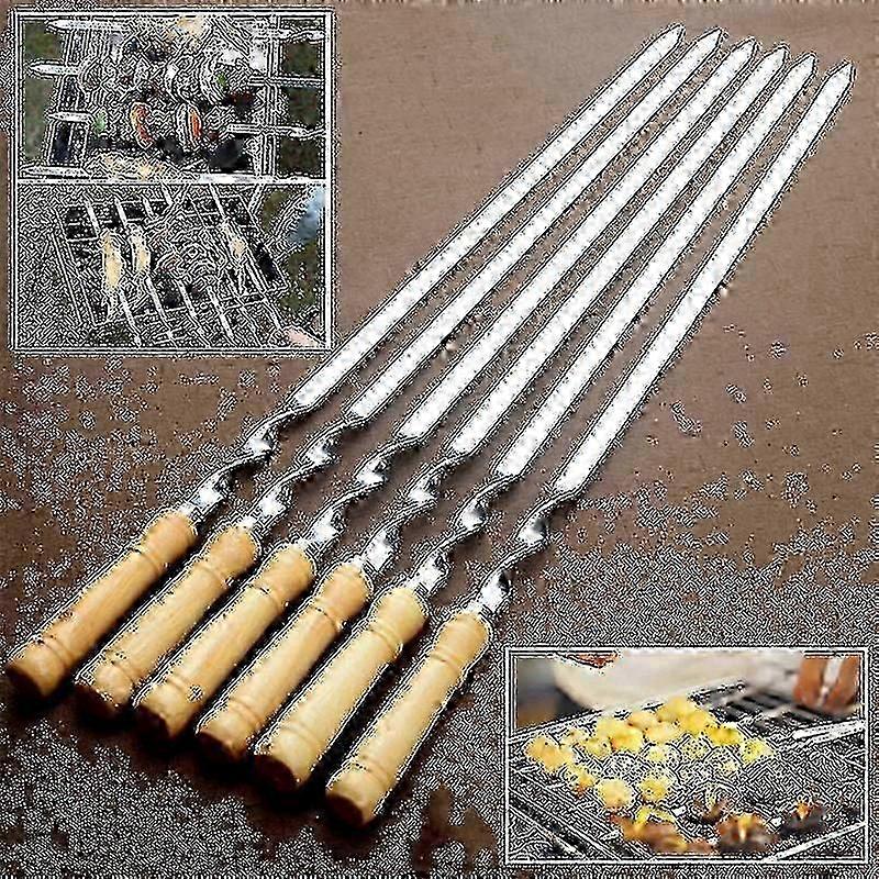 Stainless Steel BBQ Flat Skewers - Set of 6 - Long Handle Barbecue Sticks������ijƷ��