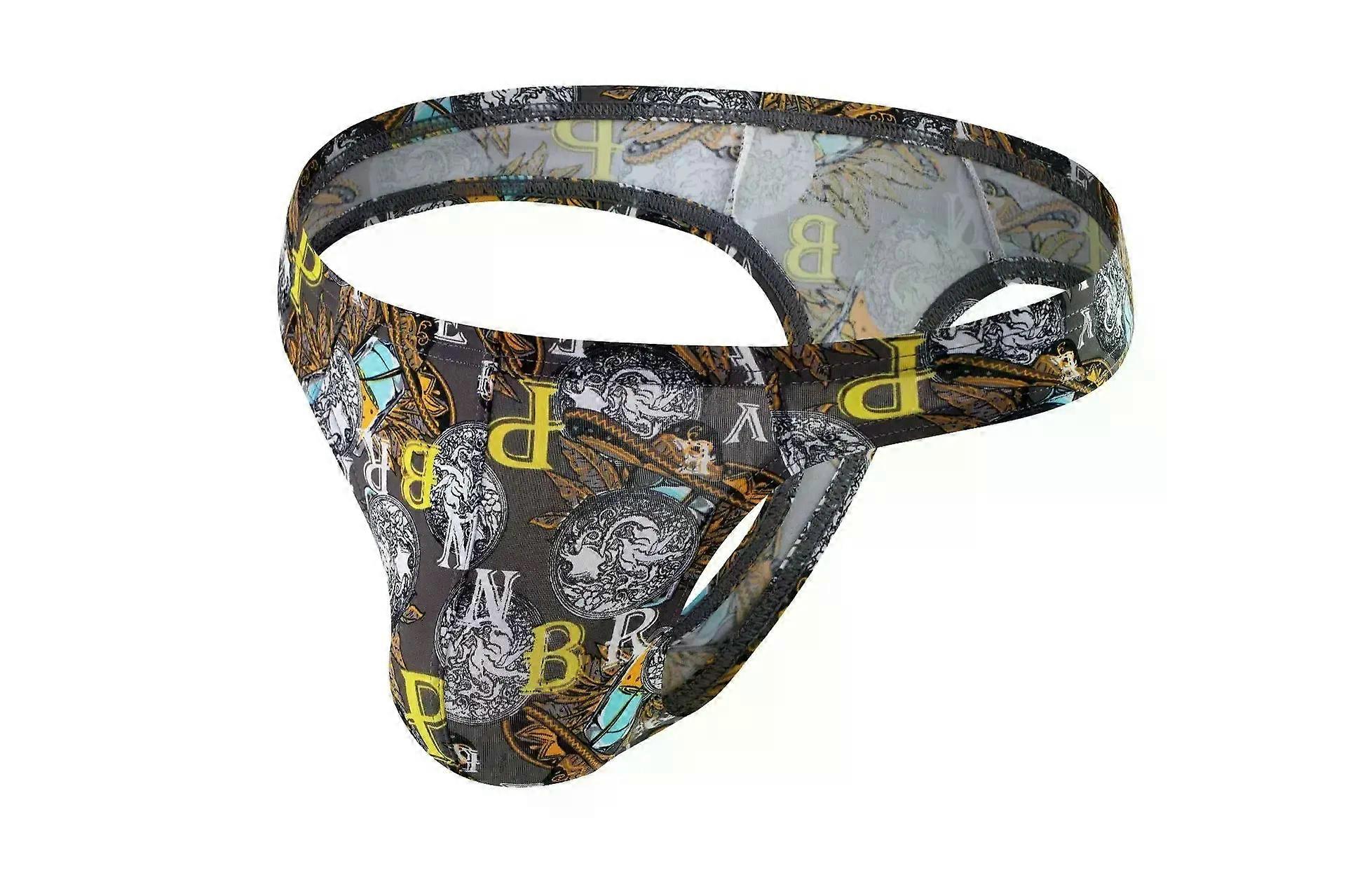 Men's Erotic T Back Thong Printed Underwear Gays Sexy Low-rise U Convex Pouch G-srting Ice Silk Breath Comfort Open Butt Panties