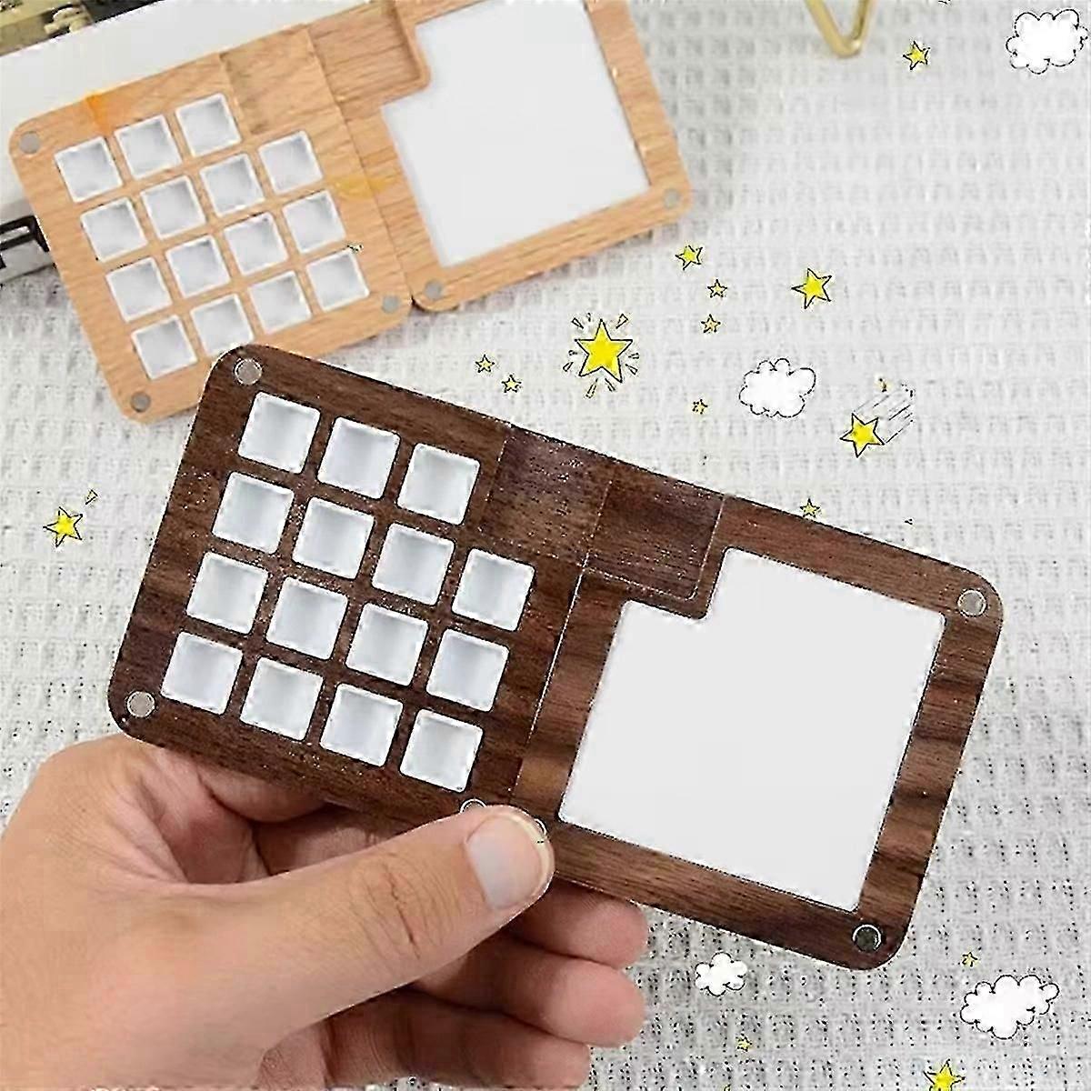 15 Grid Portable Sketchbook Palette, Mini Walnut Wood Color Palette Box Travel Watercolor Case for Drawing Black Walnut