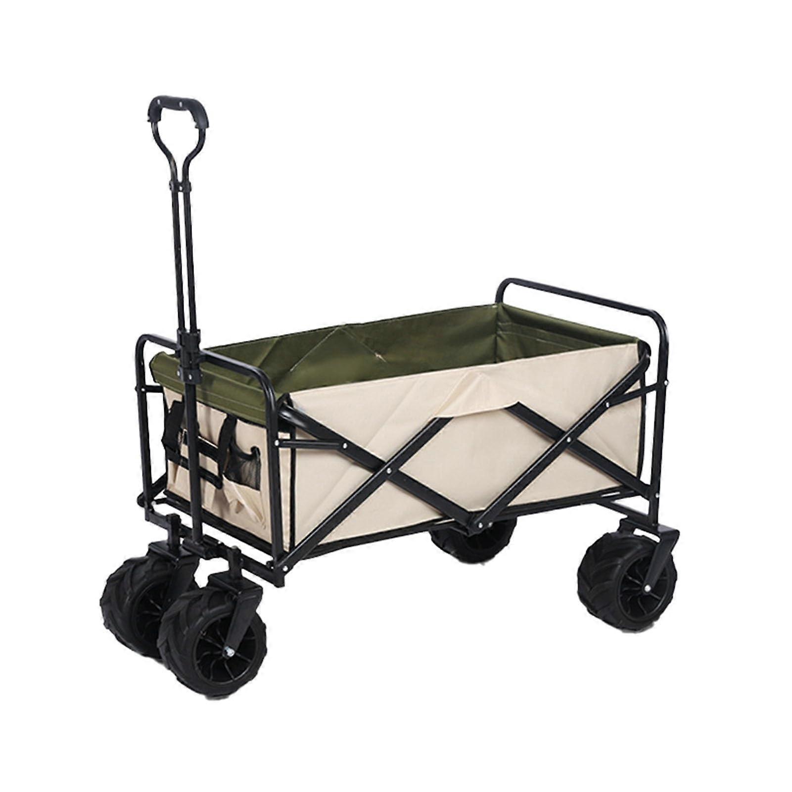 Foldable cart, sturdy, 100 kg capacity, allterrain wheels for outdoor use (beige and green).