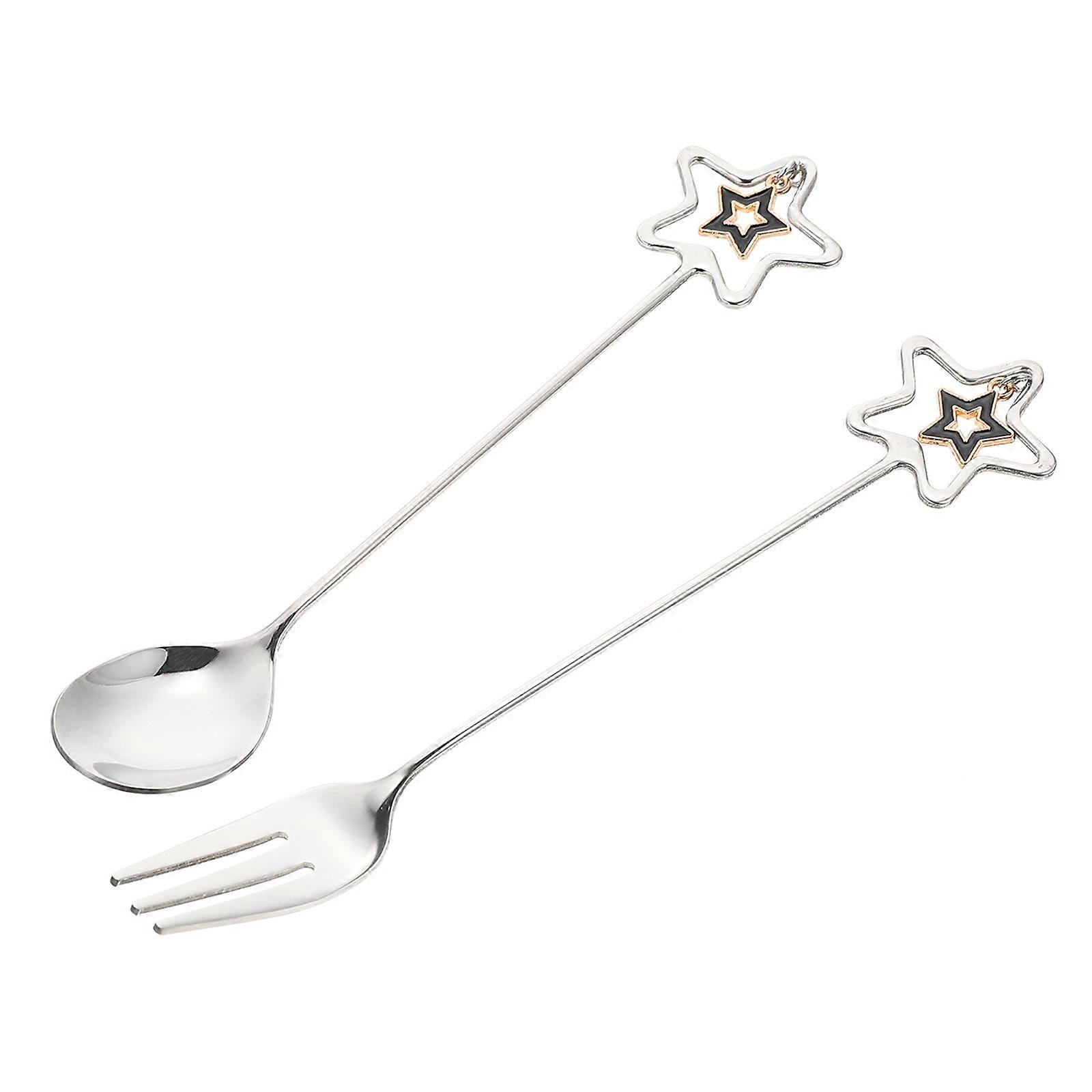 Small Fruit Fork Creative Fork and Spoon Set Dessert Spoon Portable Use Stainless Steel Heart-Shaped 1Set