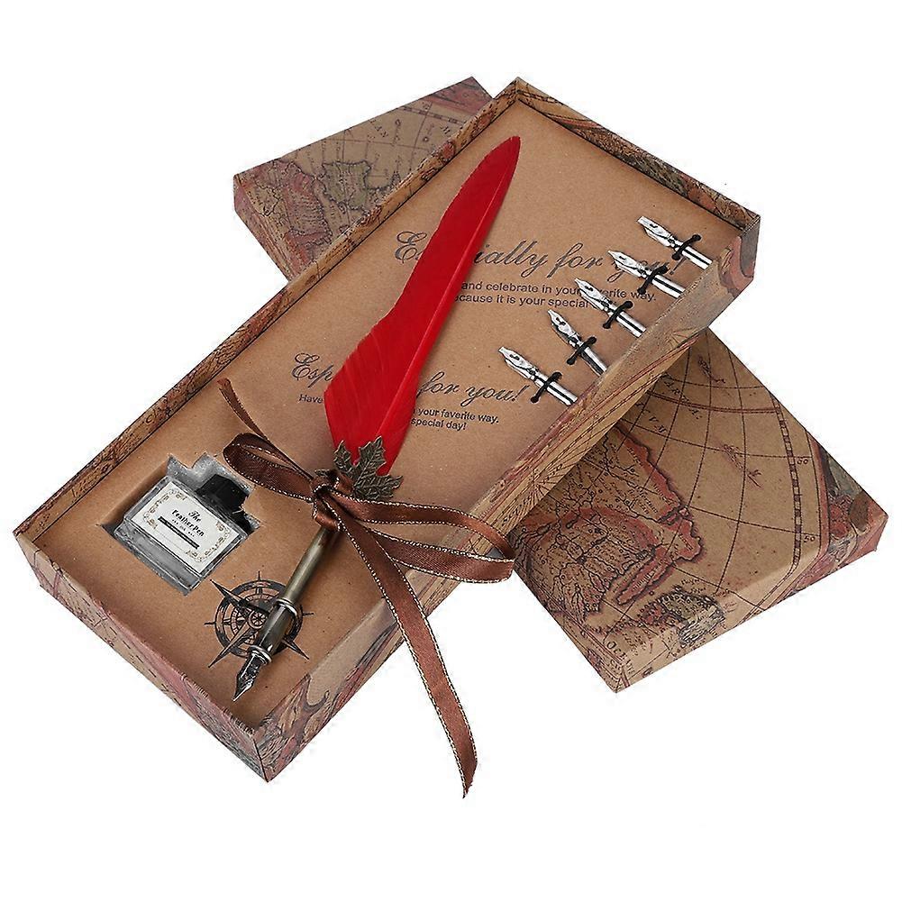 European Retro Quill Alloy Feather Writing with Pen Nibs Gift Box Set for Friends Red