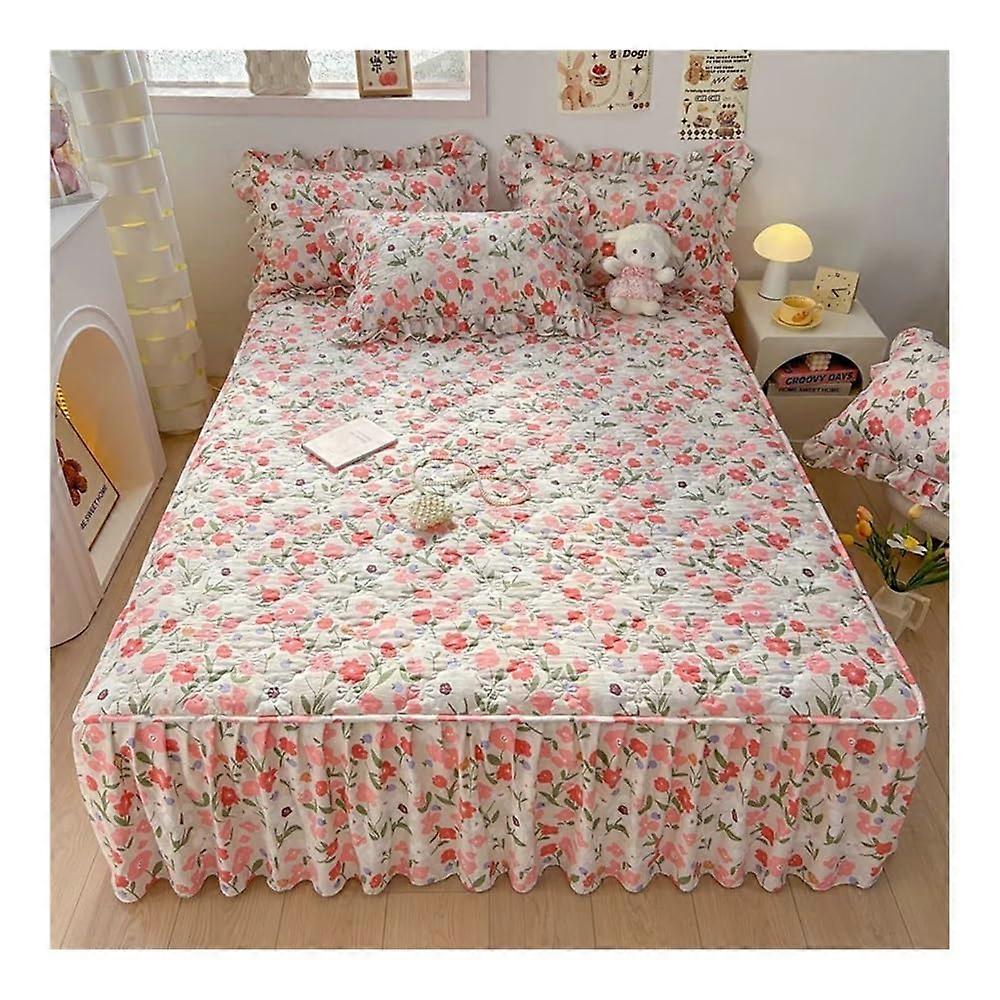 Quilted Bed Skirt with Elastic Floral Print, for Single/Queen/King Size Bed (180x200x45cm)