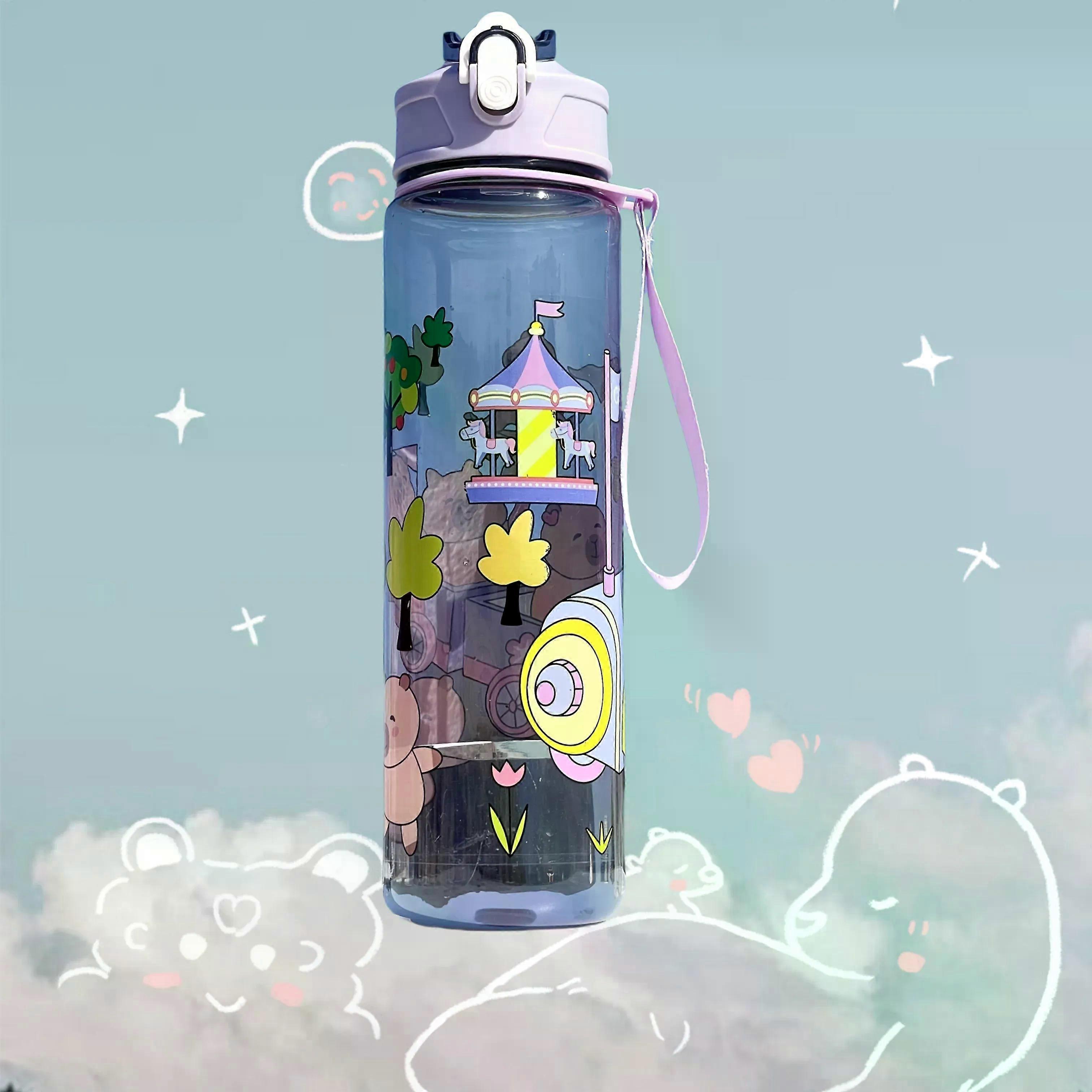 حقيبة مدرسية 800 مل كوب ماء شرب للأطفال كأس كرتون إبداعي مع قش زجاجة ماء مانعة للتسرب في الهواء الطلق كوب ماء بلاستيكي للأطفال محمول