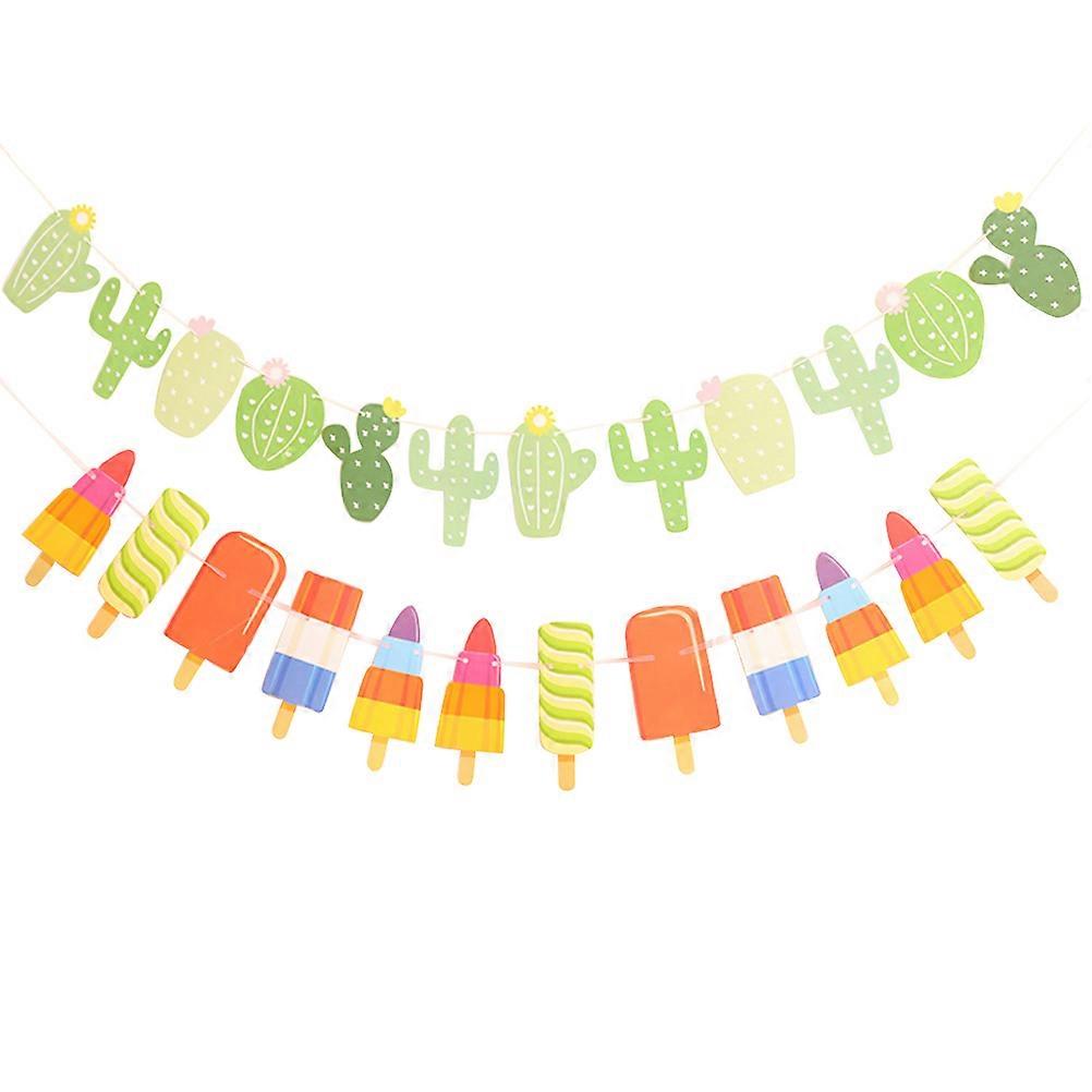 2 Pcs Paper Cactus and Ice Cream Shaped Decorative Flags for Summer Party Decoration 4497317