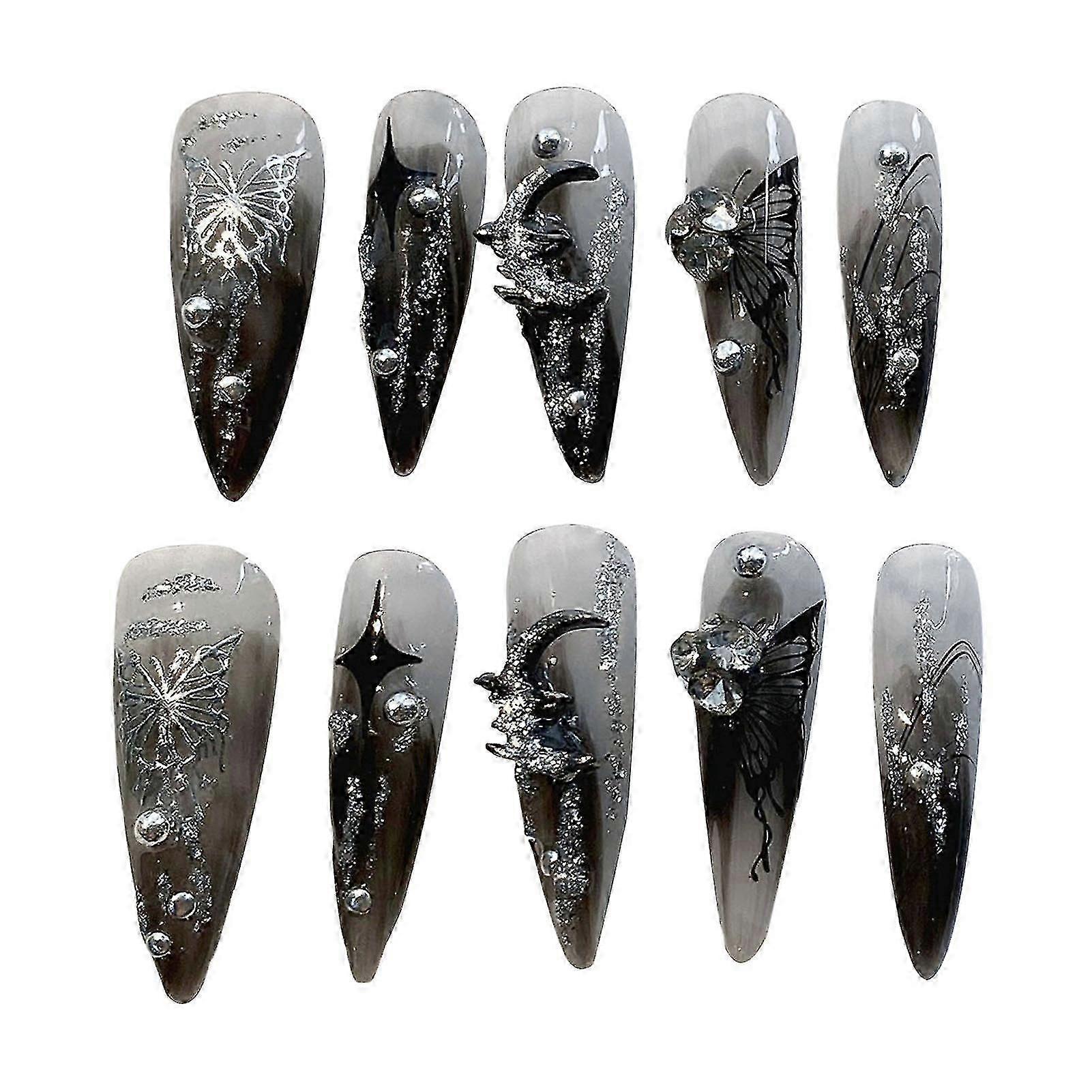 Handmade Black False Nails with Rhinestone with Harmless and Smooth Edge Nails for Daily and Parties Wearing Bonus: Get a free professional-grade nai