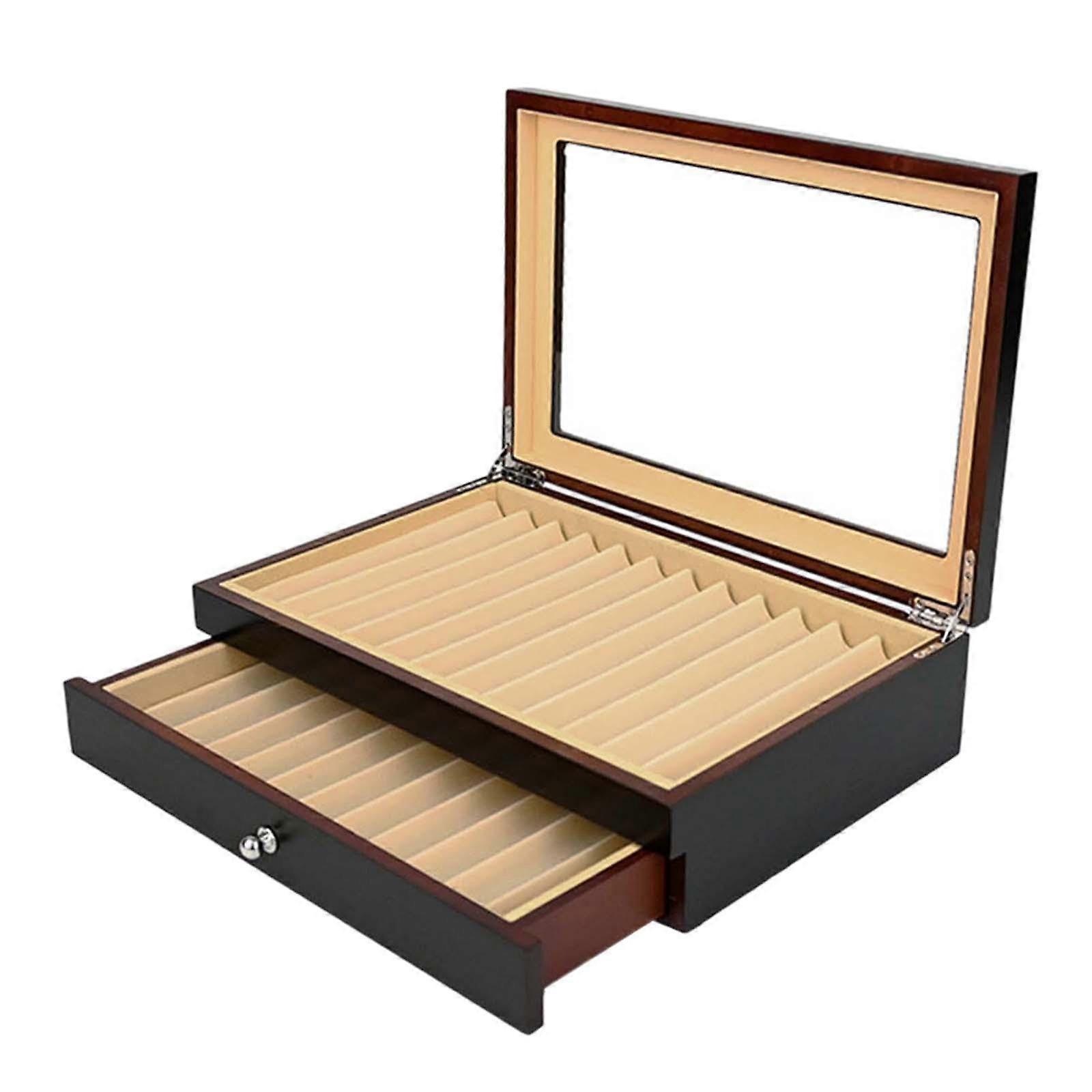 2 Layer Pen Box Fountain Pen Case Portable With Drawer Glass Lid Pen Storage Organizer Black