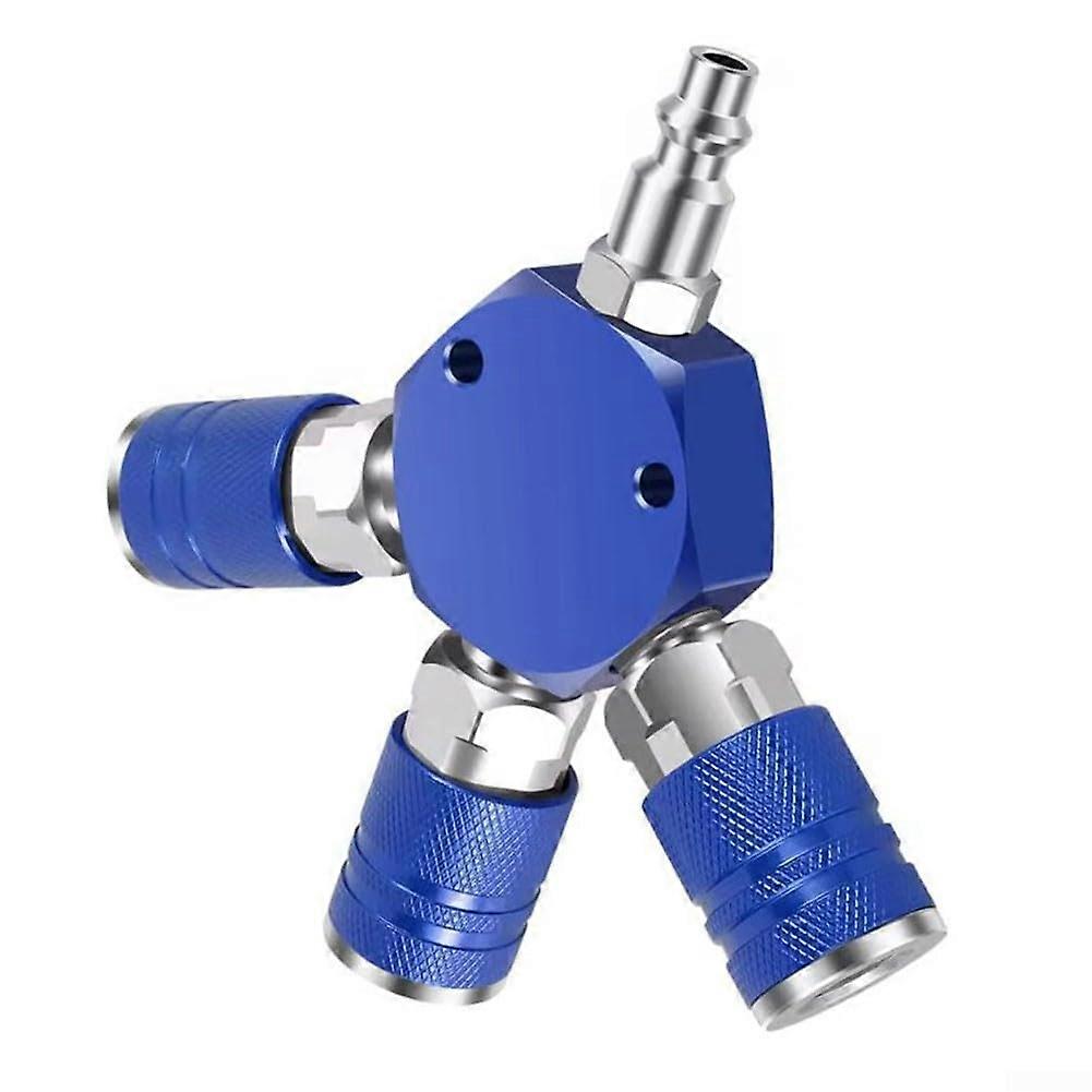 1/4 Zoll NPT 3-Wege-Luftverteiler Messing Luftkompressor Splitter mit 3 Schnellverbindungs-Kupplungen Metallkonstruktion Blau