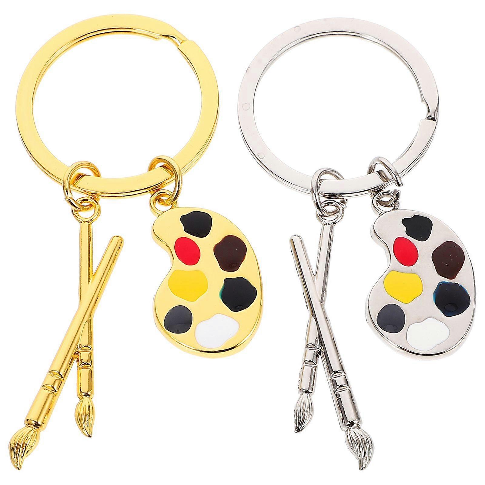 2Pcs Drawing Pen Shaped Keychain Creative Chic Key Pendant Golden Silver