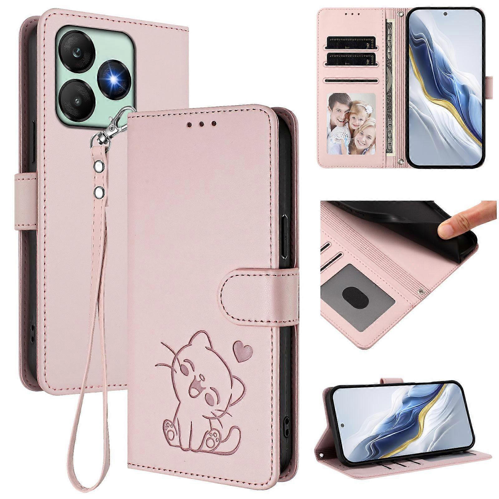Embossed Heart Cat Leather Phone Case with Strap