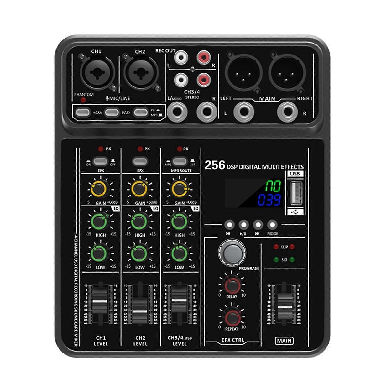 4 Channel Audio Mixer 48V Phantom Power USB Studio Sound Mixers Bluetooth DJ Console Mixing for Karaok