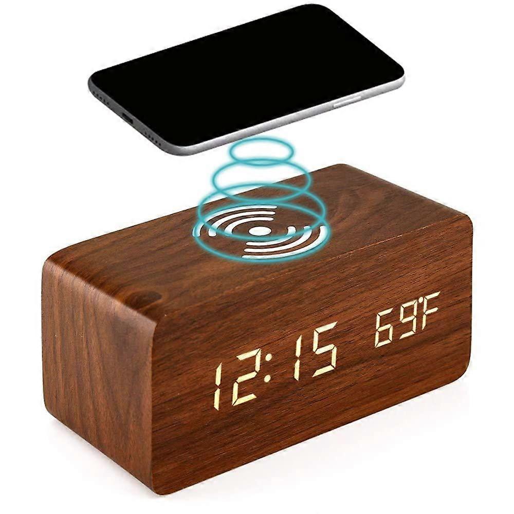 Wooden digital alarm clock with wireless charging 3alarms Electronic LED with temperature time display 3 levels of adjustable brightness(Brown)