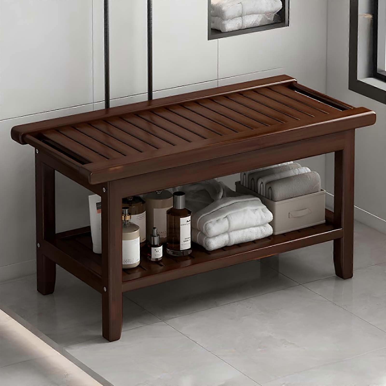 Bamboo Shower Bench With Storage Shelf 80 cm Indoor Outdoor Use With Handles Shoe Rack Organizer Durable And Elegant