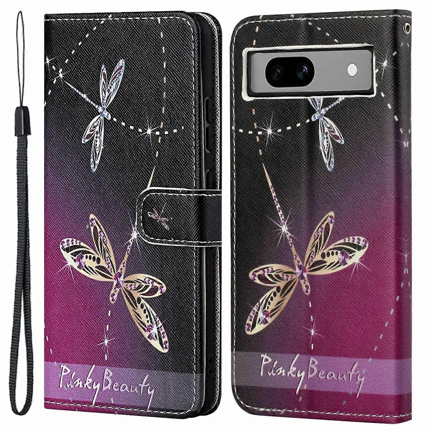 For Google Pixel 8a Flip Phone Case 3D Pattern Printing Wrist Strap Stand Cover - Dragonflies