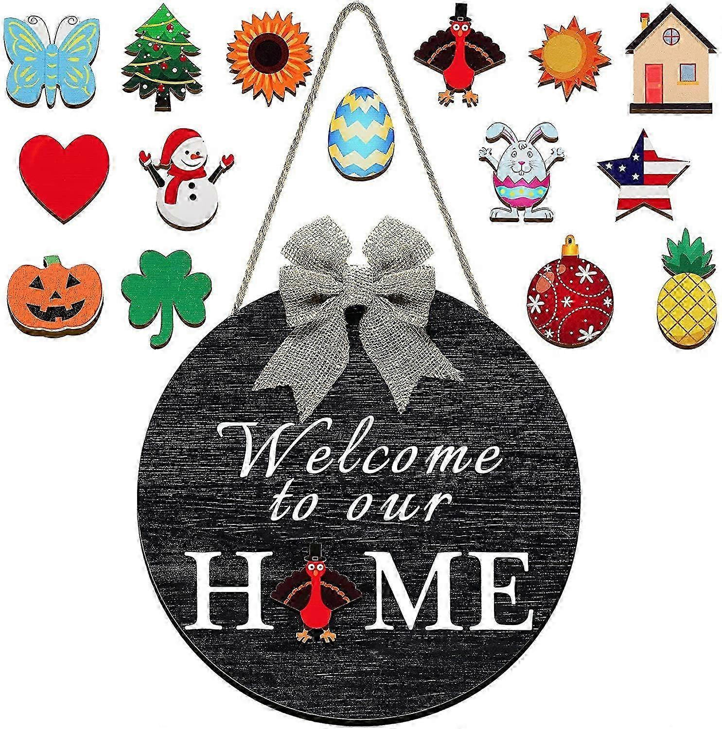 Interchangeable Seasonal Welcome Sign Front Door Decor Rustic Wood Welcome to Our Home Sign Wall Hanging Porch Decoration