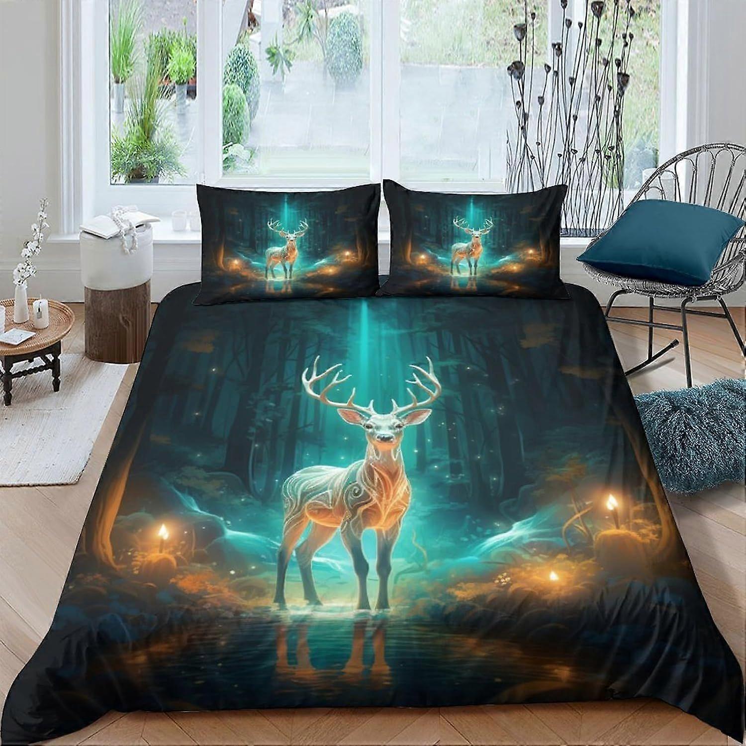 q66 Colorful Deer Quilt Duvet Cover 3 Piece Set with Zipper Closure 3D Soft Bedding Bedding Sets Microfiber Bedding Double o66