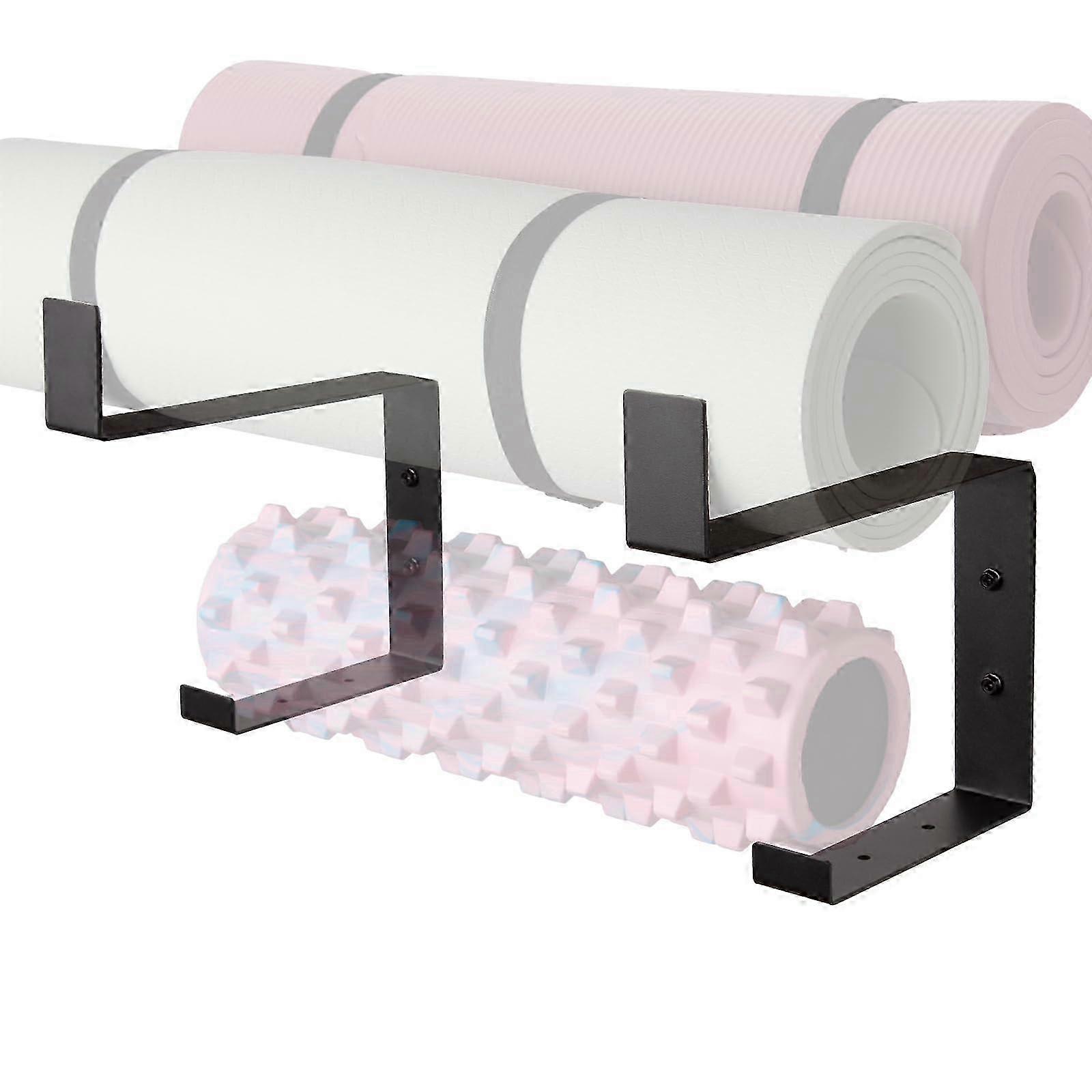 25-26 Yoga Mat Holder with Protective Padding Wall Mount Steel Storage Rack for 2 Tier Adjustable Width Hanger up to 4 Foam Rollers