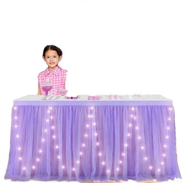 4/6/9/14FT*77CM 3 Layer Square Pink Ice Silk Tutu Fluffy Tulle Table Skirt LED Lighted Decor For Parties