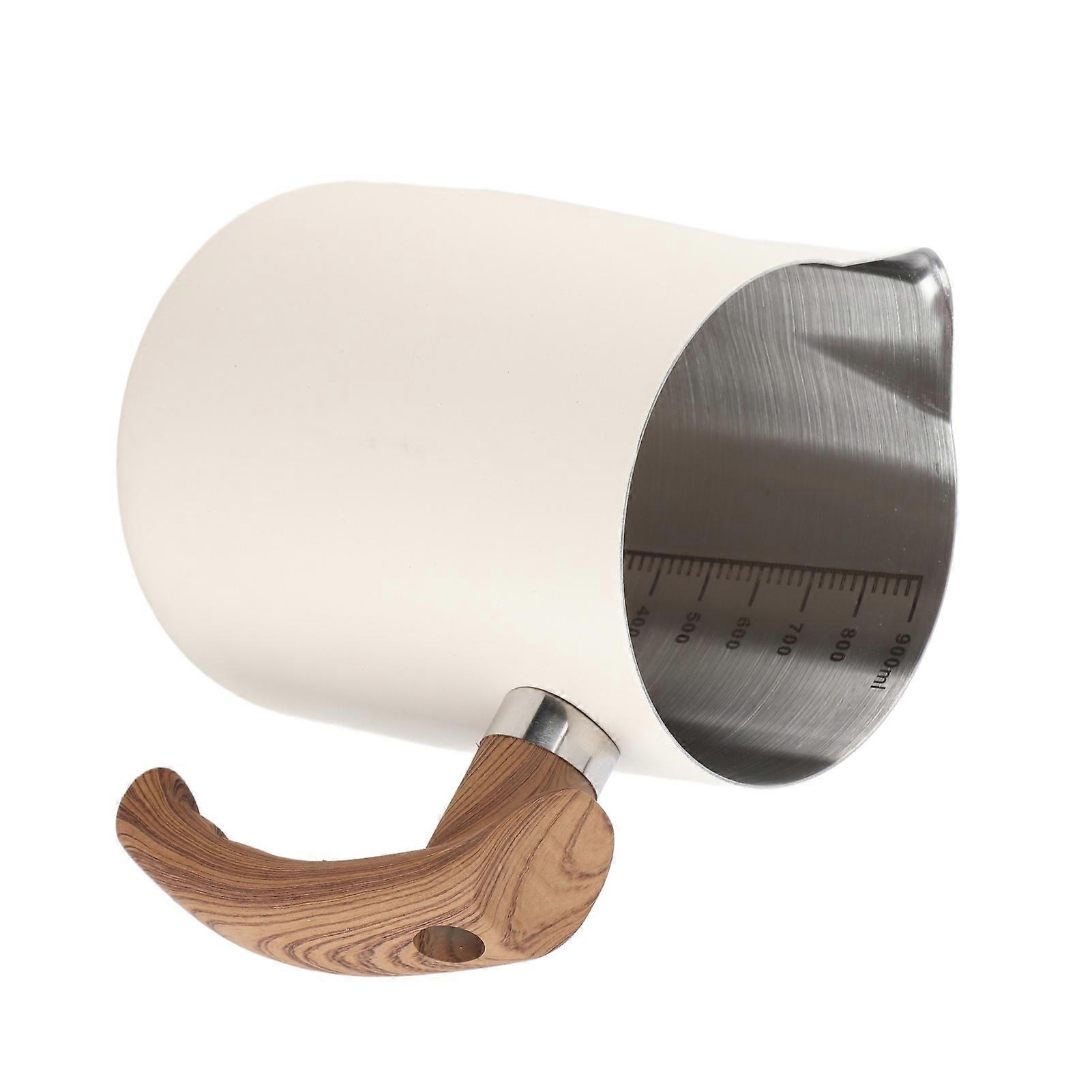 Milk Frothing Cup Inner Scale 304 Stainless Steel Dripless Spout Coffee Steaming Pitcher with Handle Pearl White 1000ml