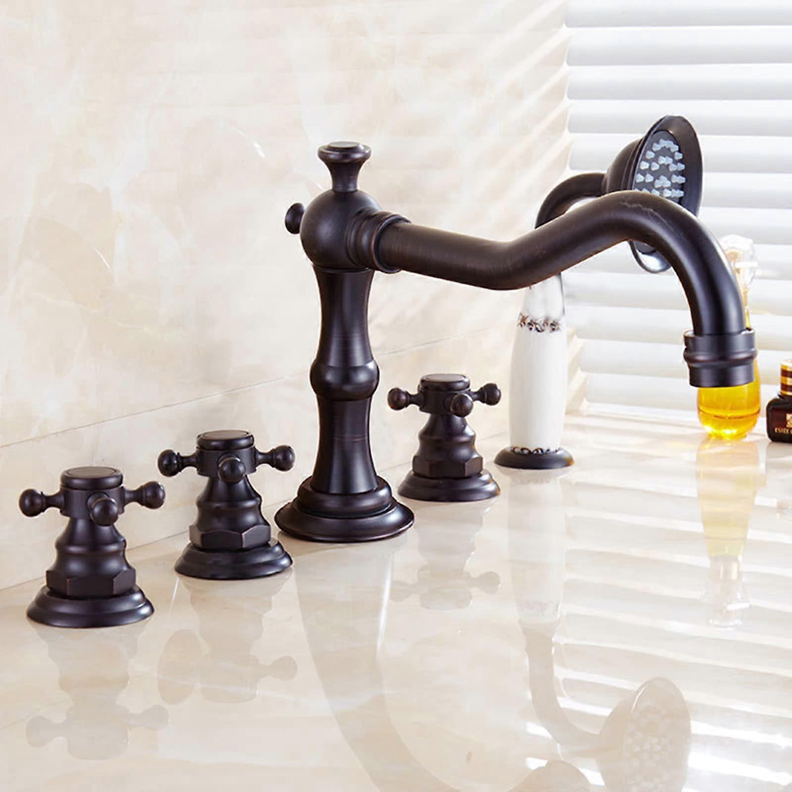 Retro 5 Hole Bath Shower Mixer Tap Set Black Finish Multifunctional Bath Tap With Handheld Shower And Pull Out Hot And Cold