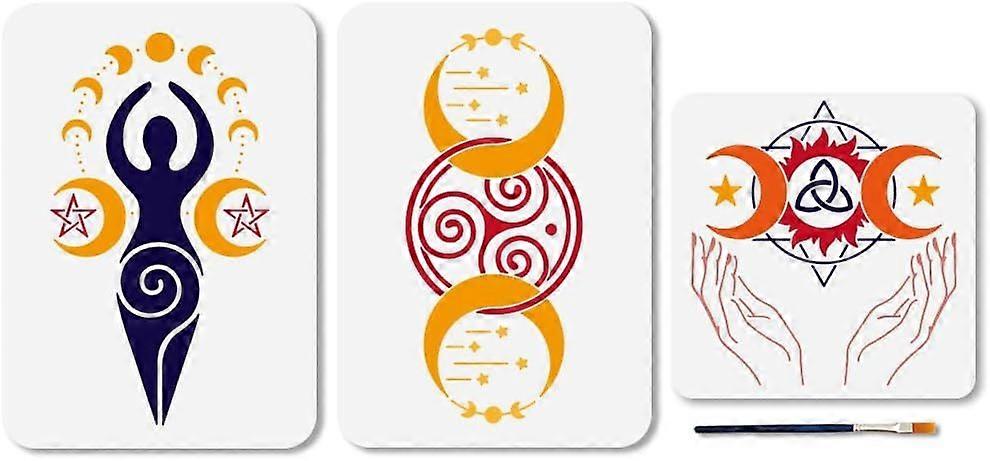 3 Pcs Wiccan Symbols Stencils Moon Star Sun Reusable Spiral Goddess Stencils for Painting Lunar Phase Variation Drawing Templates with Paint Brush for