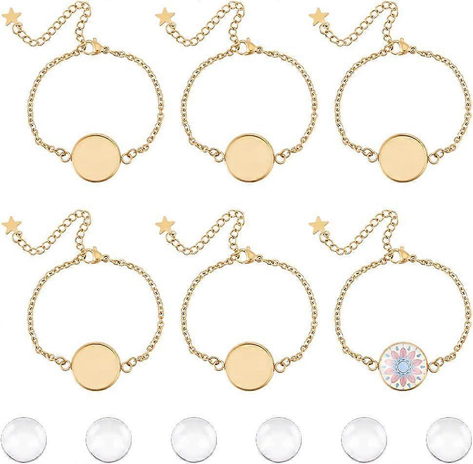 6 Sets Bracelet Bezel Settings Stainless Steel Bezel Bracelets Bracelets Blanks Adjustable Blank Tray Bangle Settings with Round Cabochon Gold Bezel T