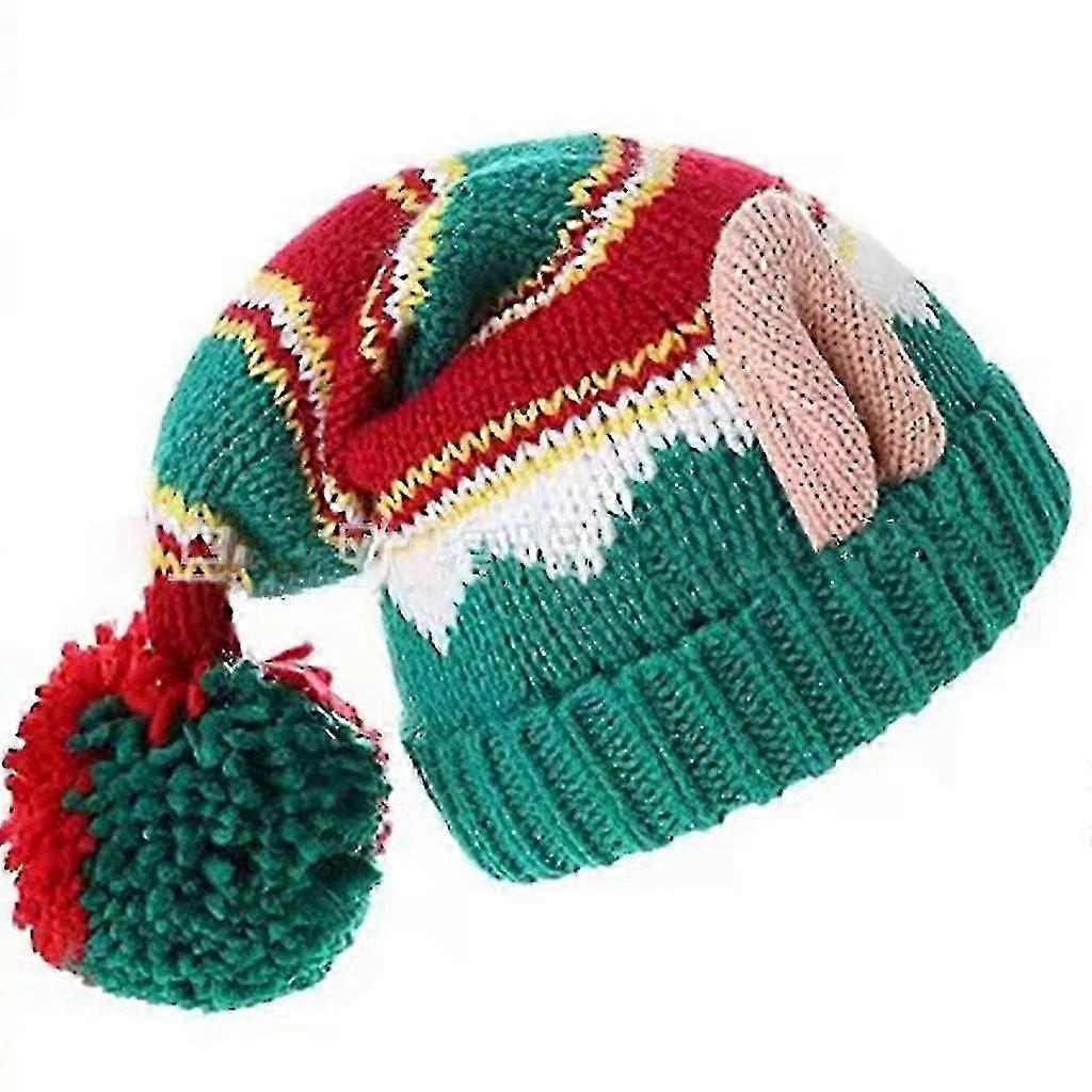 Holiday Beanie with Knit Design and Pompom Details