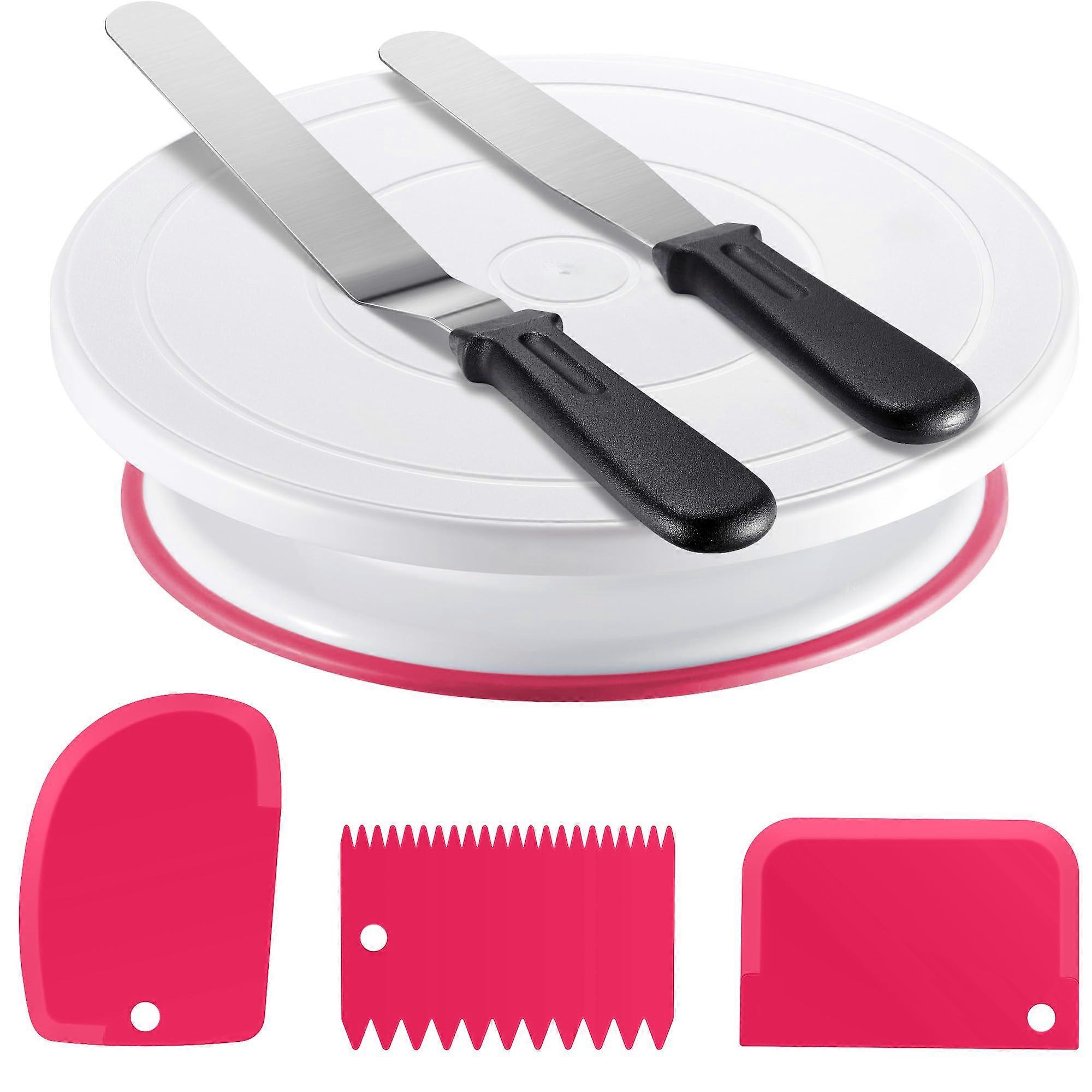 Cake Decorating Kit with Turntable, Spatulas and Scrapers for Icing and Frosting, Pink Set
