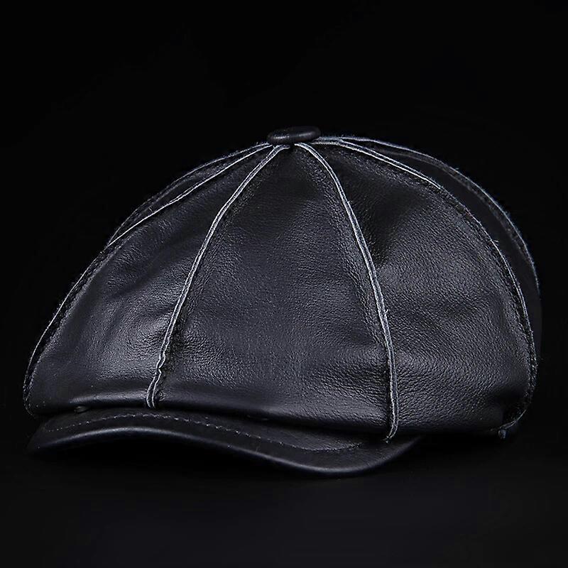 Real Full Grain Cow Leather Octagonal Beret Cap For Men Outing Warm Adjustable