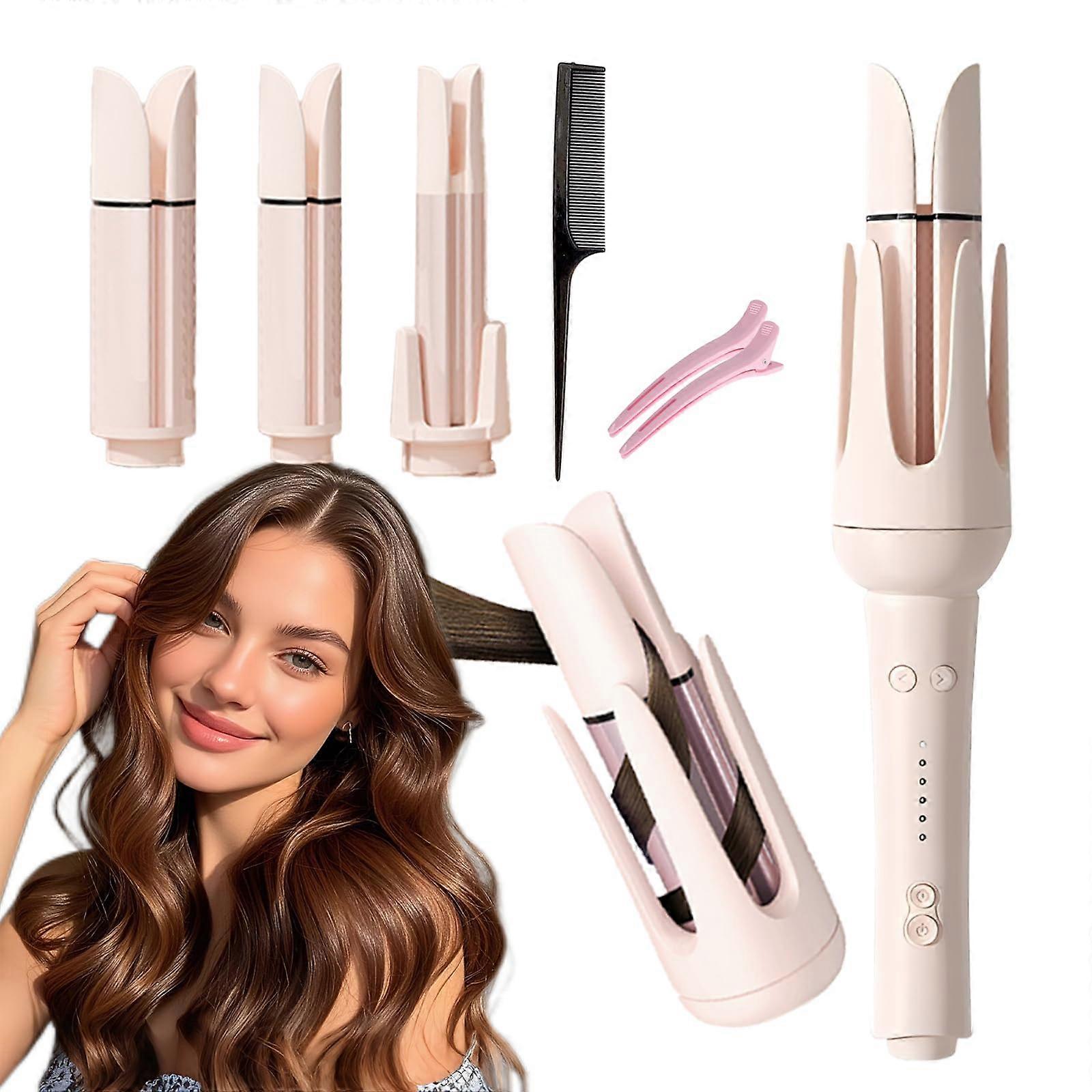 Automatic Hair Curler with 3 Barrels, Rotating Curling Iron, AntiScald, Negative Ion, Pink