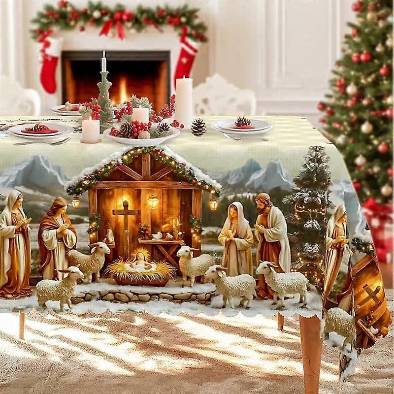 Christmas Tablecloth with Nativity Scene and Sheep, Rectangular Festive Table Cover for Holiday Dining