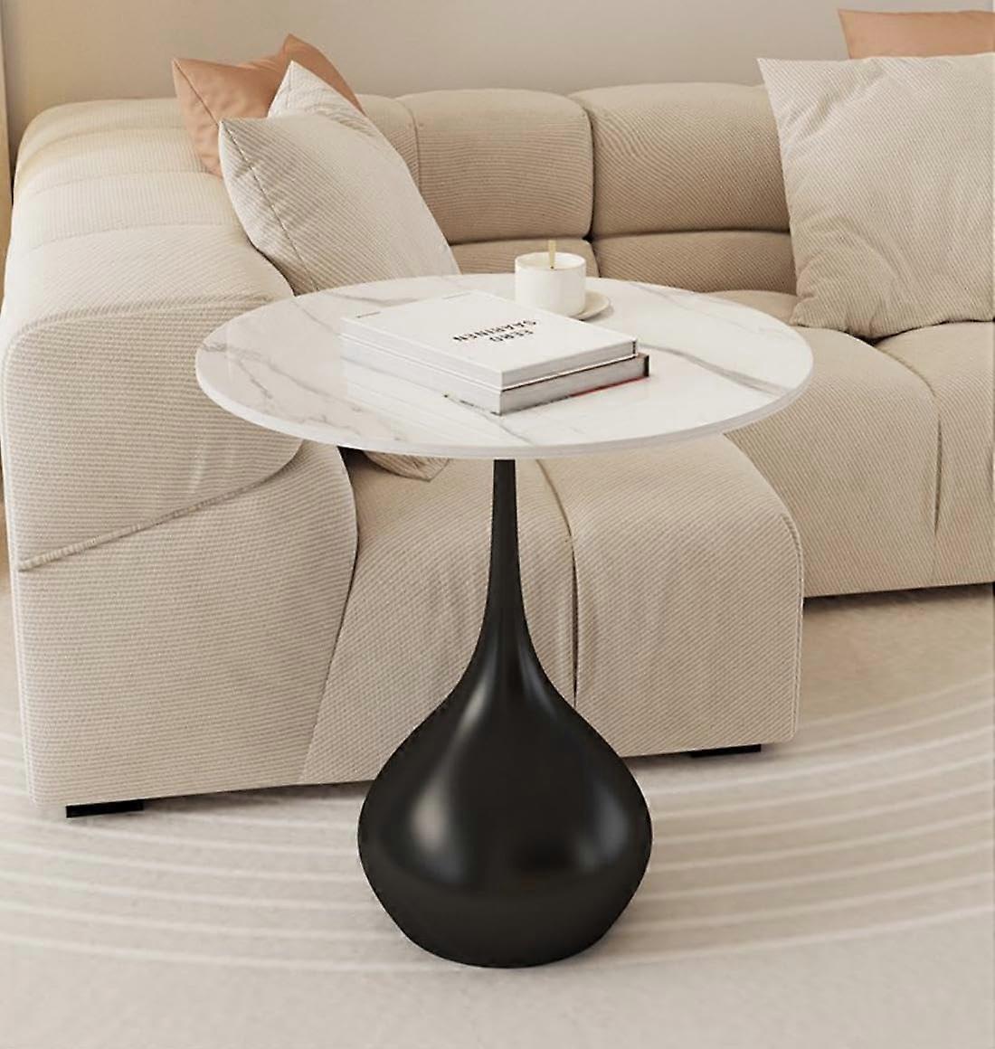 Small Round Side Table with Faux Marble , Modern Accent End Table for Living Room, White Black