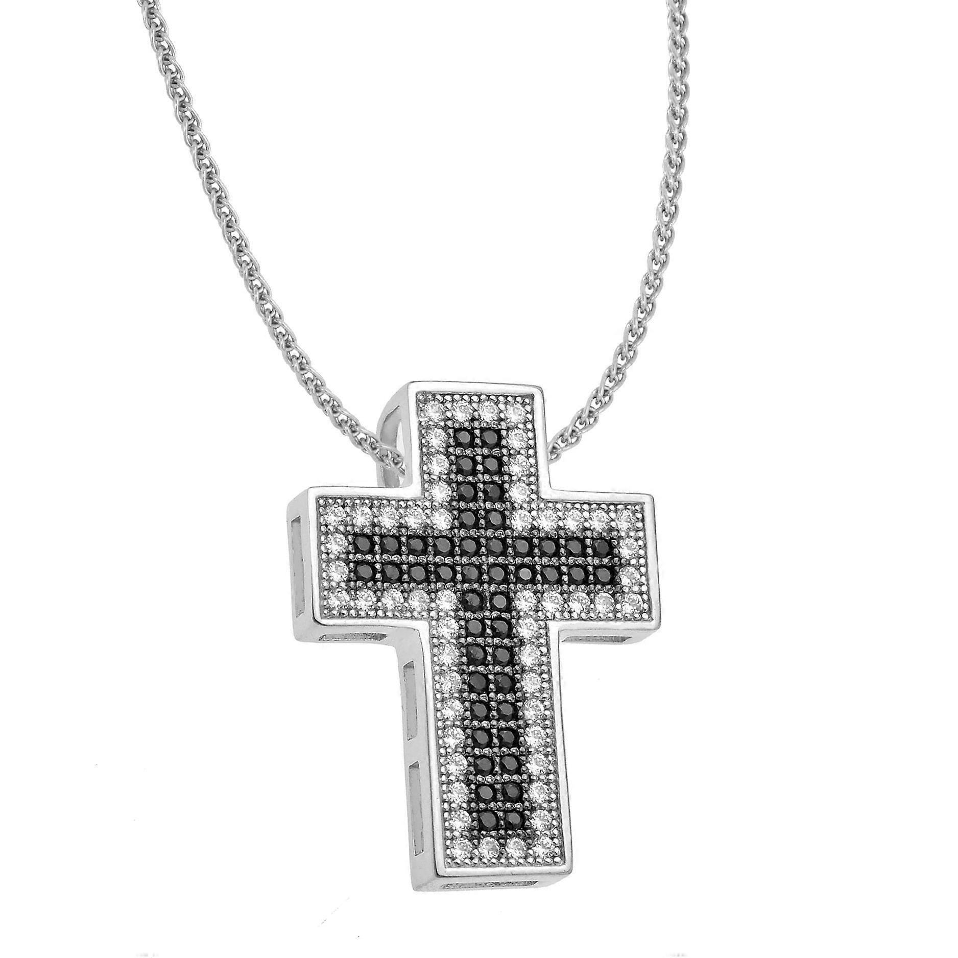 Jewelco London Rhodium Plated Sterling Silver Black & White Cubic Zirconia Illuminated Frame Cross Slider Pendant Necklace - 16>18 inch