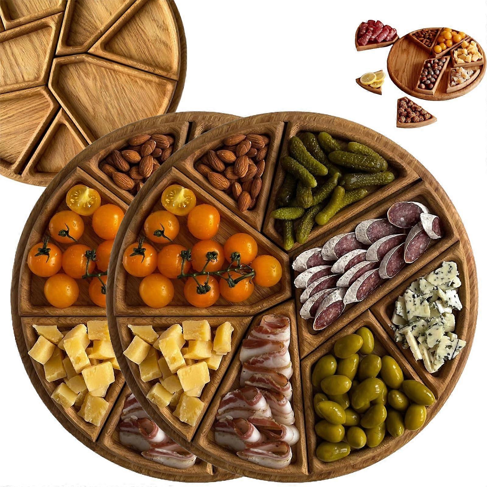 Wooden Serving Tray with Eight Removable Compartments, Round Rustic Snack Platter Set for Parties