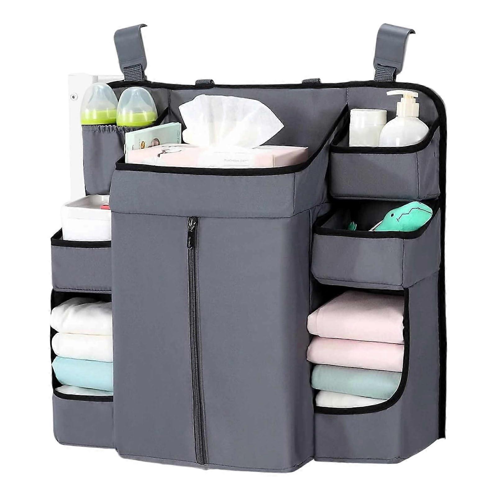 Baby Crib Organizer with Adjustable Straps, MultiPocket Diaper Storage Bag, Dark Gray Fabric