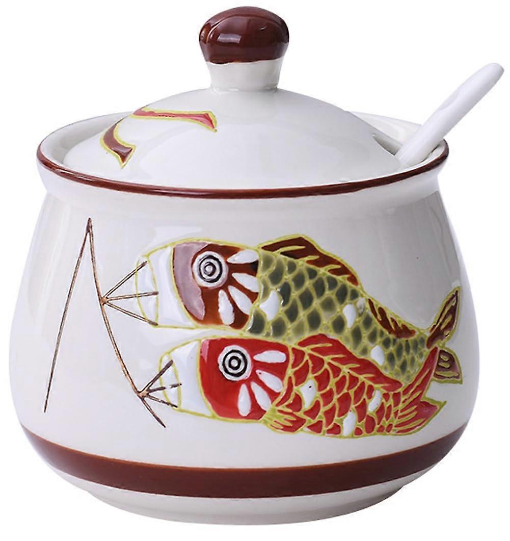 Ceramic Sugar Bowl with Lid 320ml HandPainted Fish Pattern Lead MultiFunctional Storage Jar