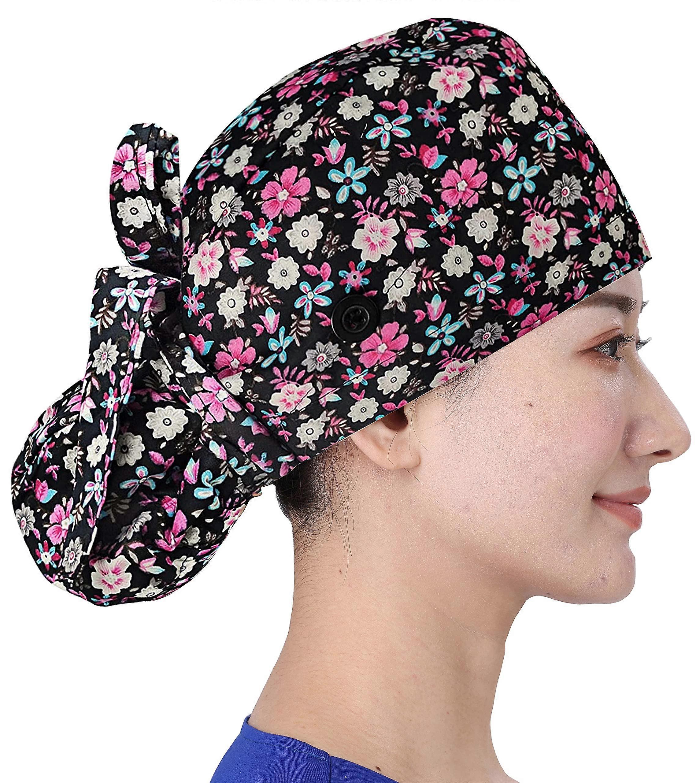 Working Cap with Buttons for Women, Adjustable Ponytail Scrub Hat, Multicolor Floral Tie Back