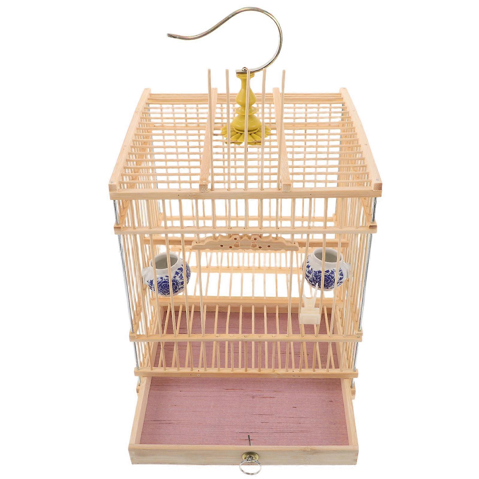 Bamboo Bird Cage for Pet Use Rectangular Hanging Cage with Tray