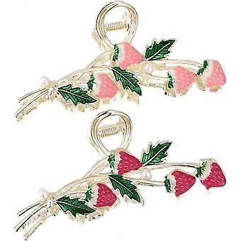 2 Presilhas de Cabelo em Formato de Morango para Mulheres, Presilhas de Metal com Design de Morango e Antiderrapantes, Acessórios para Cabelo para Penteados Elegantes, Cor Rosa.