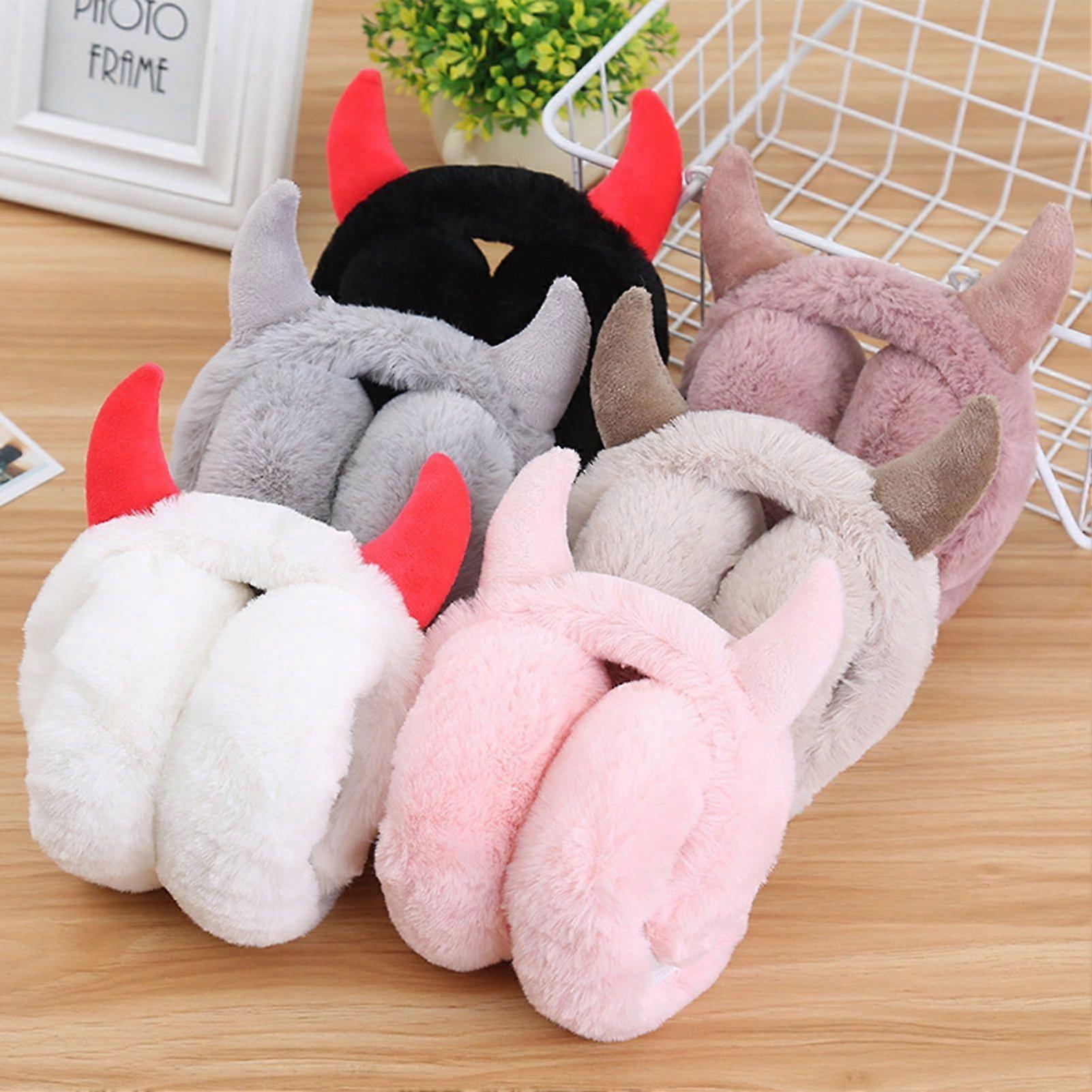 Winter Earmuff Foldable Plush Horn Decoration Solid Color Fluffy Keep Warm Thick
