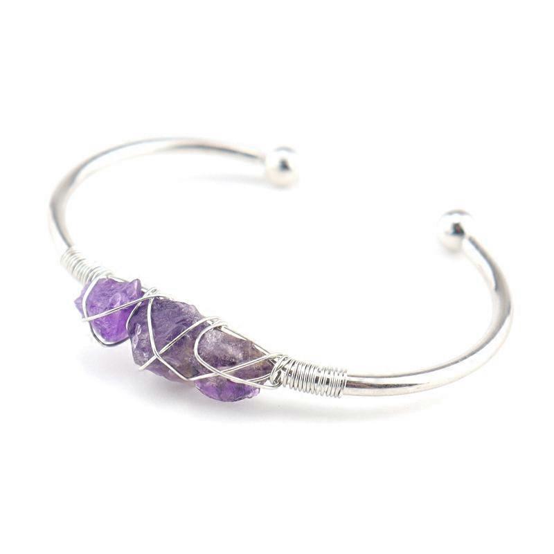 4pcs Amethyst Chips Beaded Cuff Bangles Metal Wire Wrap Bangle Inner Diameter: 2-1/2 inch(6.5cm)