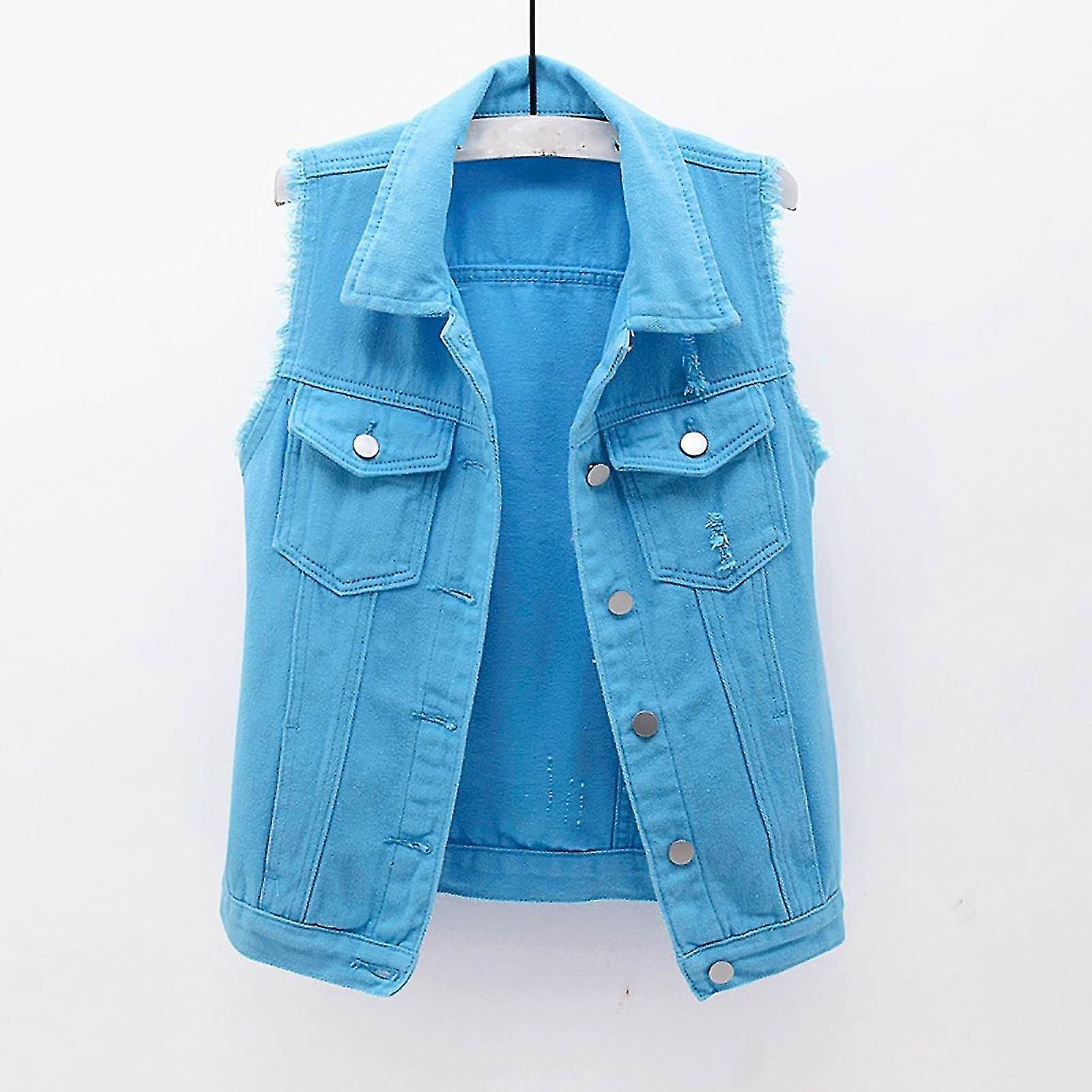 Women Spring And Autumn Coats Solid Sleeveless Denim Jacket Outerwear -e