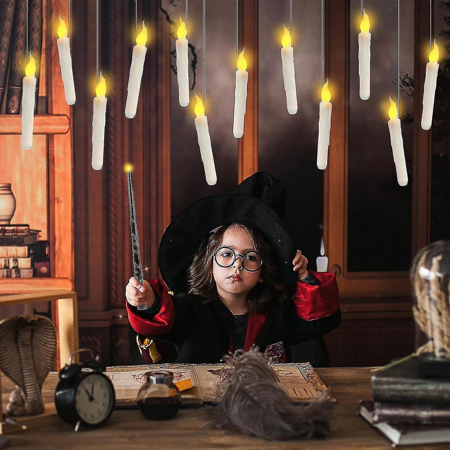 Halloween Floating Candles With Magic Wand Remote, Hanging Floating Flameless Taper Candles, Flickering Warm Light Led Candles