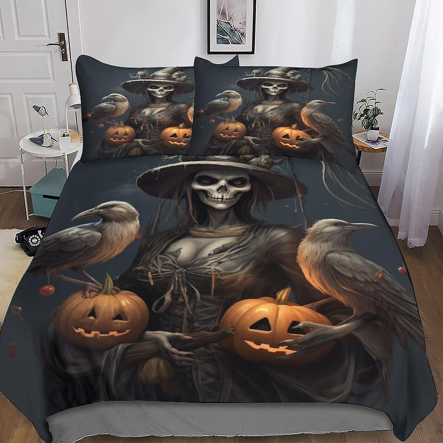 3D المطبوعة هالوين الساحرة السرير كيت مع الذكاء الاصطناعي الرسوم المتحركة التصميم، لينة ستوكات، 3 قطعة لحاف غطاء مجموعة، 2 وسادة ، الرمز البريدي المخفي، .